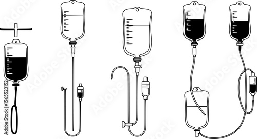 Black and White IV Drip Bags: Medical Icons and Silhouette Art
