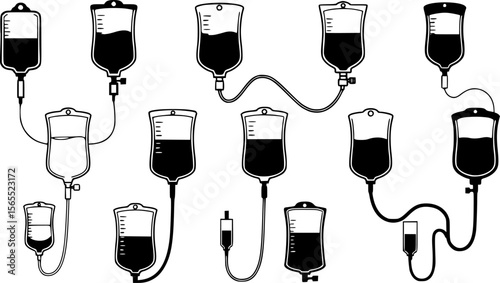 Black and White IV Drip Bags: Medical Icons and Silhouette Art
