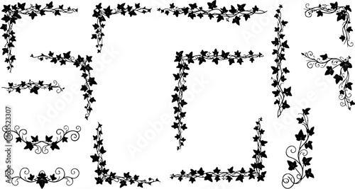 Black & White Ivy Vine Vector Graphics: Corner Design Elements, Floral Swirls, Decorative Plant Illustrations for Scrapbooking & Crafts
