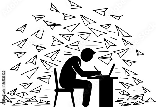 Overwhelmed Writer at Desk Surrounded by Paper Airplanes Black and White Art
