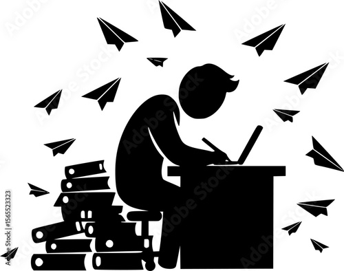 Overwhelmed Writer at Desk Surrounded by Paper Airplanes Black and White Art
