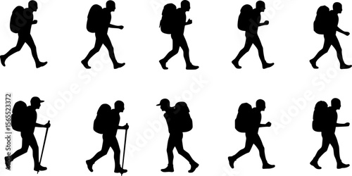 Silhouette Collection: Hikers with Backpacks, Black and White, Outdoor Adventure, Travel

