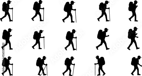Silhouette Collection: Hikers with Backpacks, Black and White, Outdoor Adventure, Travel
