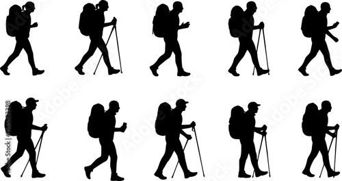 Silhouette Collection: Hikers with Backpacks, Black and White, Outdoor Adventure, Travel
