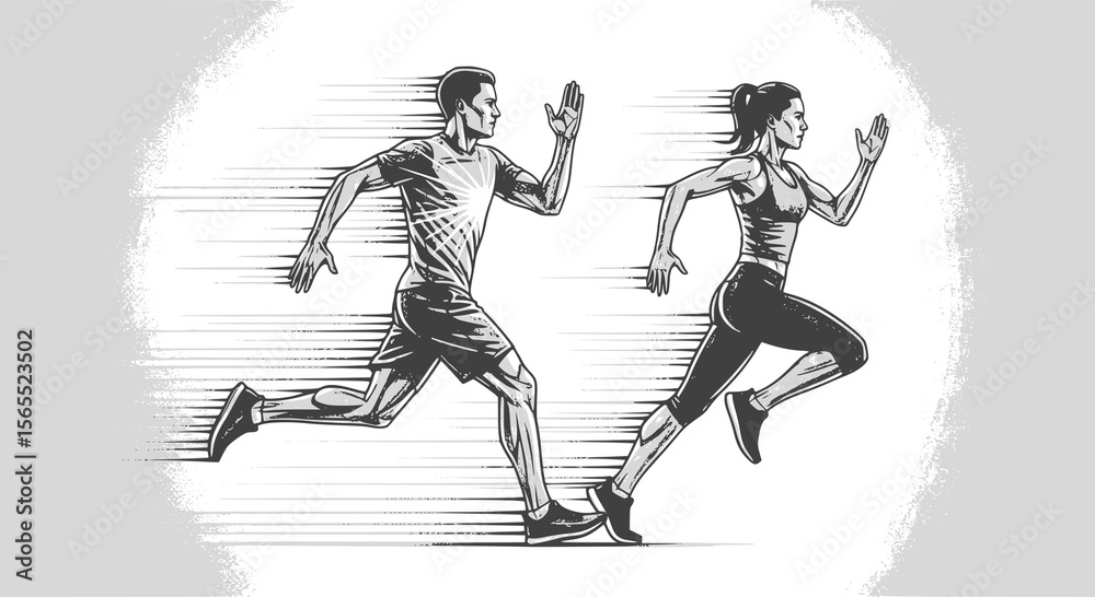 Fototapeta premium Running man and woman, isolated vector silhouettes. Run, side view. Silhouettes of athletic looking male and female runners running. Transparent PNG version.