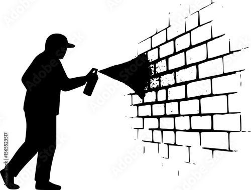 Silhouette Illustration of a Person Spray Painting Graffiti on a Brick Wall
