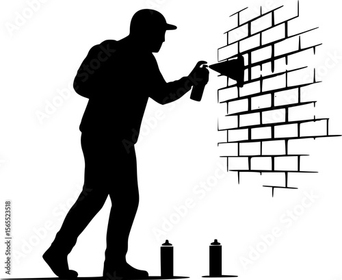 Silhouette Illustration of a Person Spray Painting Graffiti on a Brick Wall
