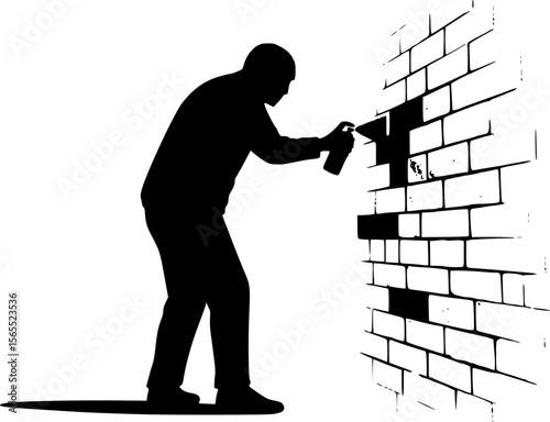 Silhouette Illustration of a Person Spray Painting Graffiti on a Brick Wall
