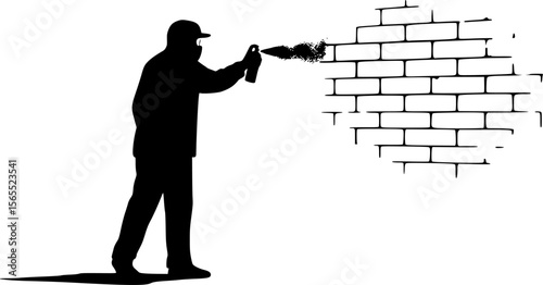 Silhouette Illustration of a Person Spray Painting Graffiti on a Brick Wall
