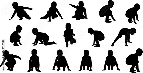 Silhouette Collection: Children in Various Crouching and Kneeling Poses, Black & White Art
