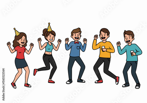 Cartoon group of people celebrating and dancing at a party, having fun with party hats and phones.