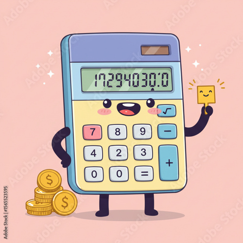 Cartoon calculator character with a happy expression, holding a golden ticket and standing next to a stack of coins.