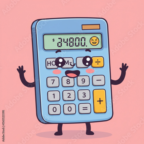 Cartoon calculator character with arms raised, displaying a dollar amount and a smiley face on its screen.