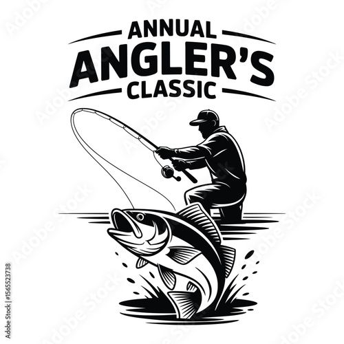 Black and white vector banner with silhouette of fisherman casting line and leaping fish for annual angler’s classic competition