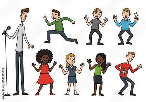 Cartoon illustration of diverse people reacting with fear, panic, and shock to a situation, including a speaker with stage fright and an audience in distress.