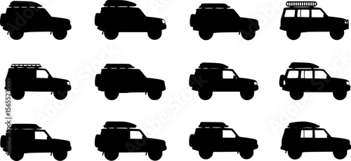 Black SUV Silhouettes: Off-Road Vehicles, Roof Racks, Adventure Ready
