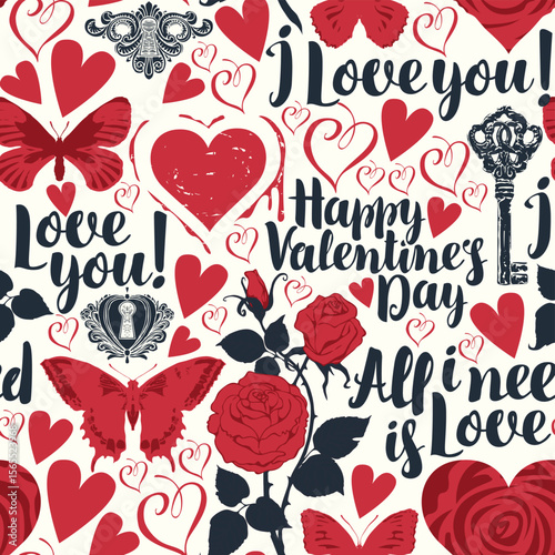 Hand drawn seamless pattern with hearts, butterflies, roses, keys, keyholes and inscriptions of love and Valentine's Day. Greeting card, invitation, wrapping paper, packaging, candy. No AI used