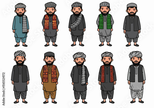 Cartoon characters showing men in traditional dress, including shalwar kameez, vests, and turbans, representing cultural diversity.