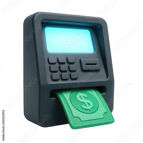 Modern 3d rendered atm machine with a glowing blue screen and a green dollar bill emerging from the slot on a black background