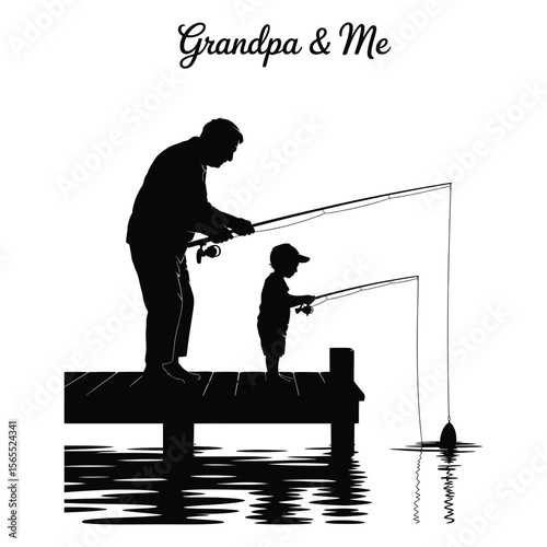 Minimalist silhouette of grandfather and child fishing together on wooden dock with “Grandpa & Me” text, black and white vector illustration