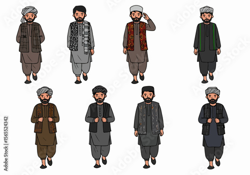 Cartoon illustrations depicting diverse men wearing traditional Afghan and Central Asian attire, including Shalwar Kameez, vests, turbans, and scarves, in various poses.