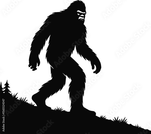 Bigfoot Yeti walking through a misty pine forest at dusk in black and white silhouette vector design