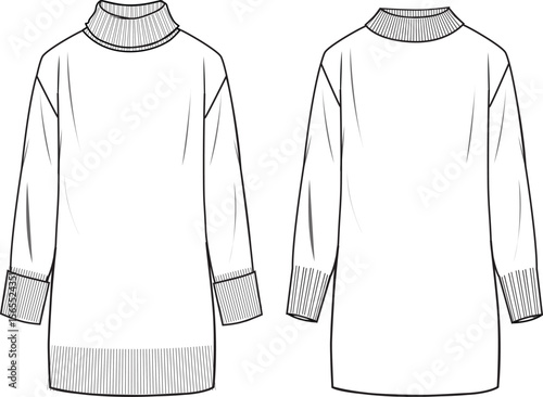 Women's High-Neck and Turtle-Neck Knit Dresses. Technical fashion illustration. Front, white colour. Women's CAD mock-up.