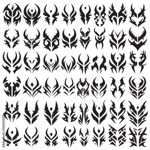 Collection of diverse tribal tattoo designs and abstract graphic symbols in black and white