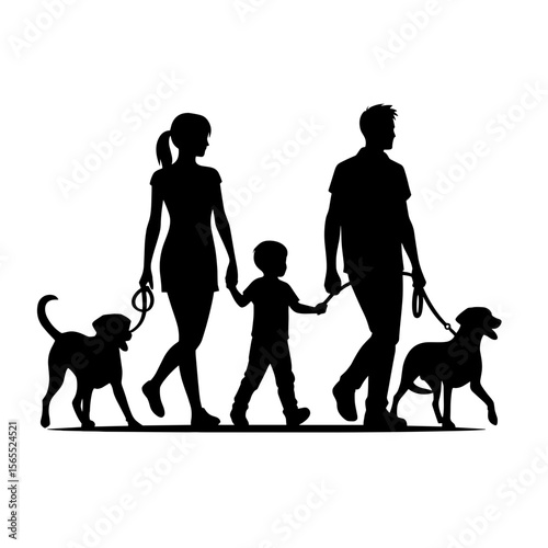 Family of three walking two dogs outdoors