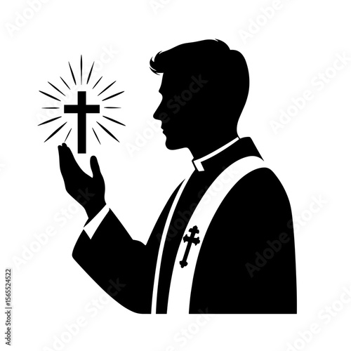 Priest holding cross icon black white vector