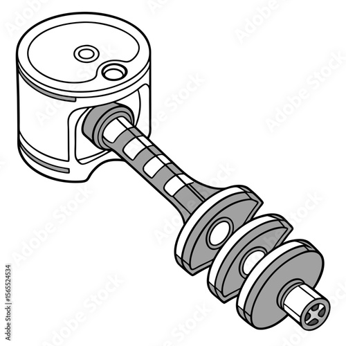 Piston and crankshaft assembly illustration in technical style  