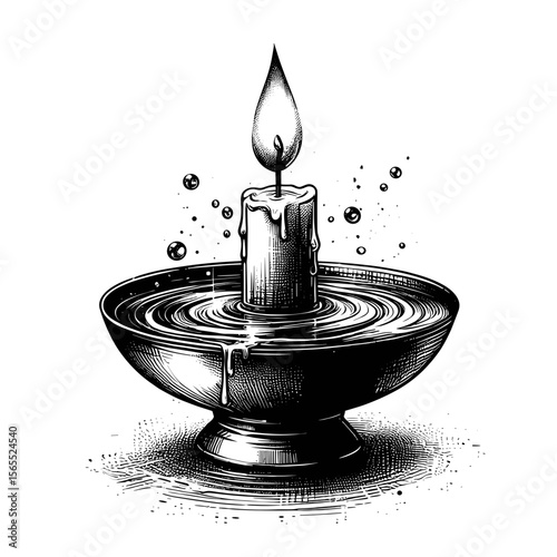 Candle in water drawn in black and white, representing tranquility