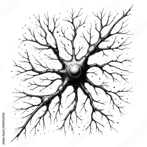 Detailed neuron drawing in black-and-white for science illustration