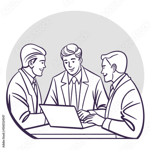 Three Men in Suits Around Laptop Vector Illustration