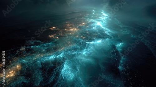Top down Satellite view of a deep ocean trench glowing bioluminescent creatures in the abyss