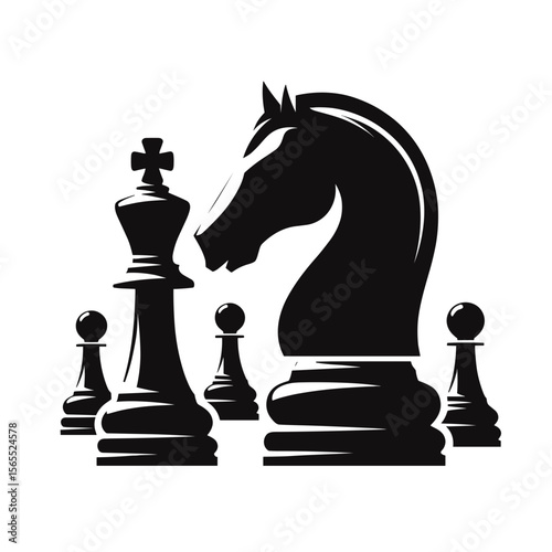 Chess pieces in silhouette style in black and white for gameplay