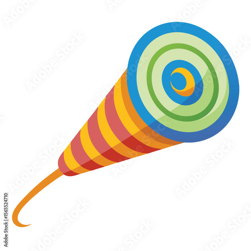 A neatly coiled party blower with a colorful tip, ready for festive noisemaking and celebration.