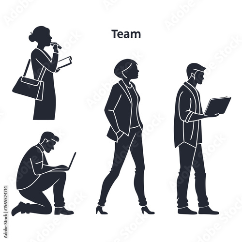 Set of 4 business people team silhouettes vector