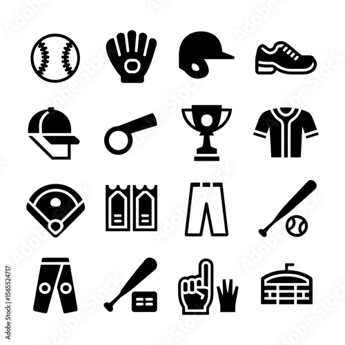 Vector art of baseball equipment icons isolated on white background