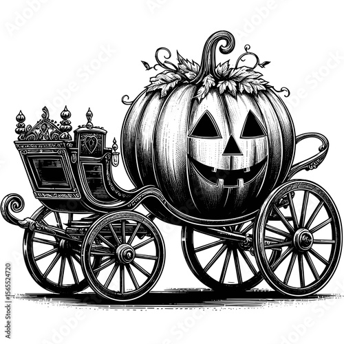 Pumpkin carriage illustration in black-and-white for Halloween
