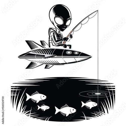 Silhouette of alien fishing from spaceship hovering above lake in forest at night, isolated on black and white vector background