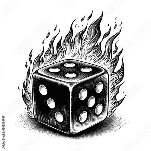 Dice on fire illustration in black-and-white represents gambling