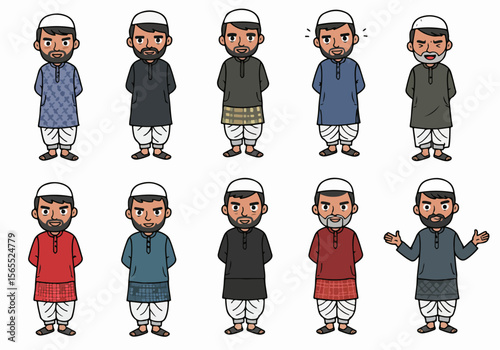 Set of Diverse Cartoon Muslim Men Characters in Traditional Islamic Clothing with Various Expressions