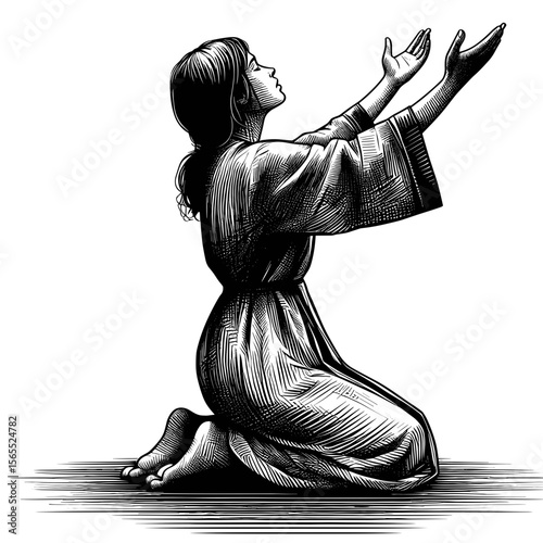 Woman kneeling praying against transparent background