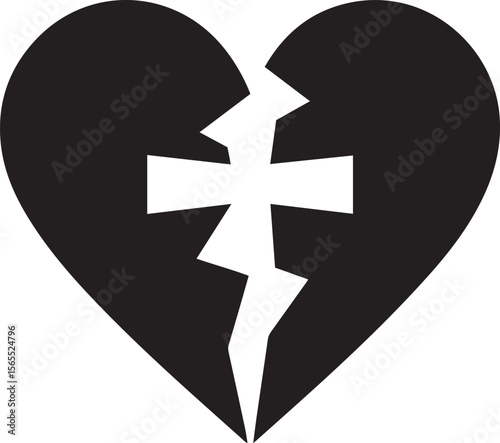 A broken heart with a cross black silhouette vector on white background