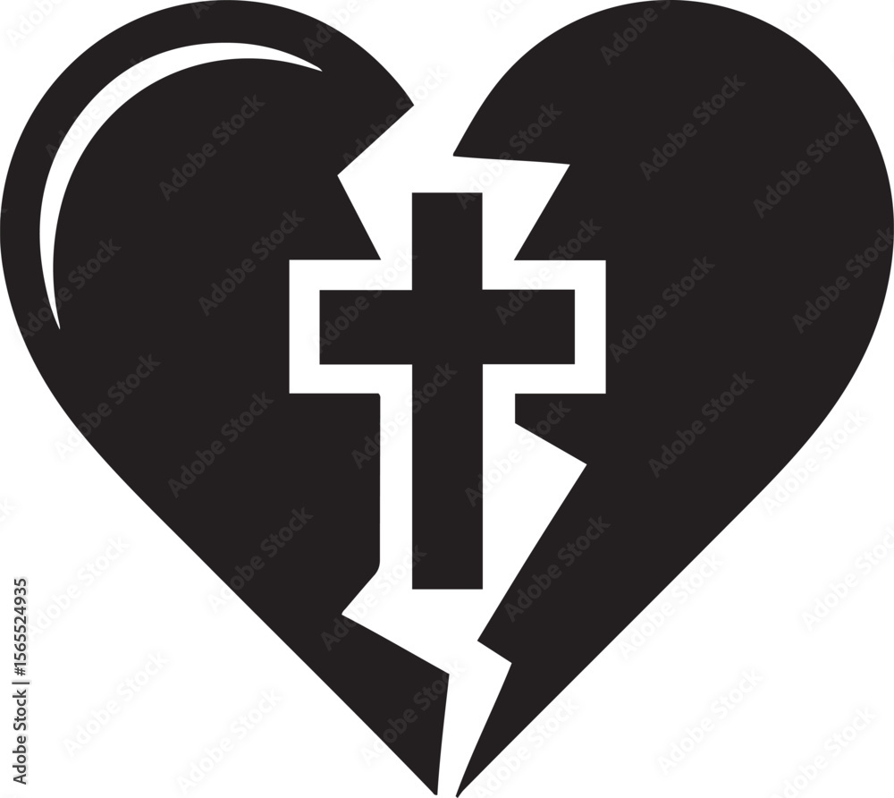 Obraz premium A broken heart with a christian cross isolated on white background