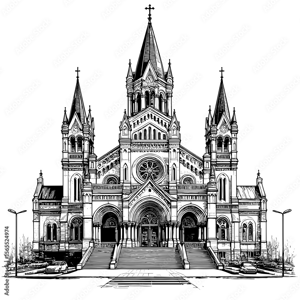 Gothic Church In Black-And-White Drawing of Architecture Gothic Church In Black-And-White Drawing of Architecture