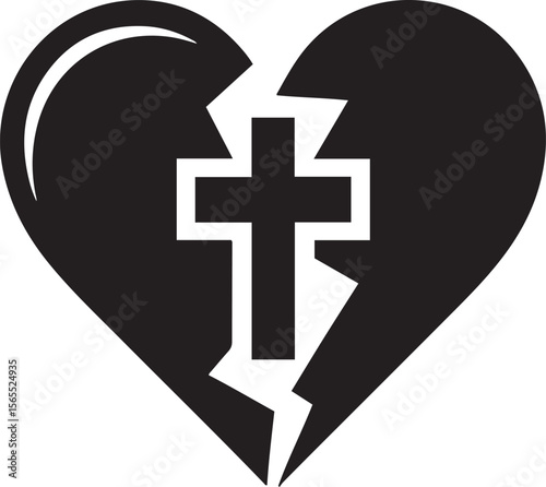 A broken heart with a christian cross isolated on white background