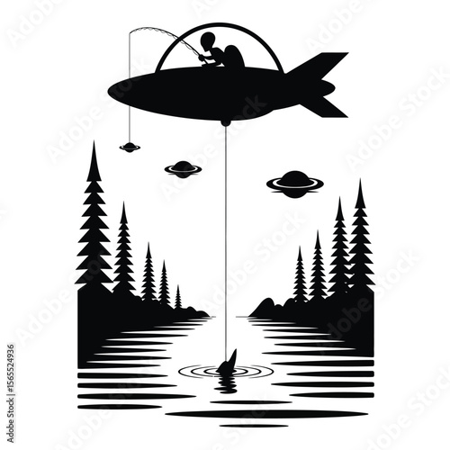 Silhouette of alien fishing from spaceship hovering above lake in forest at night, isolated on black and white vector background