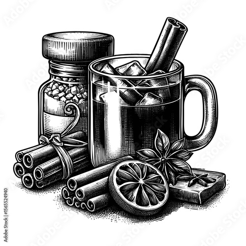 Black and white illustration of spiced drinks and ingredients